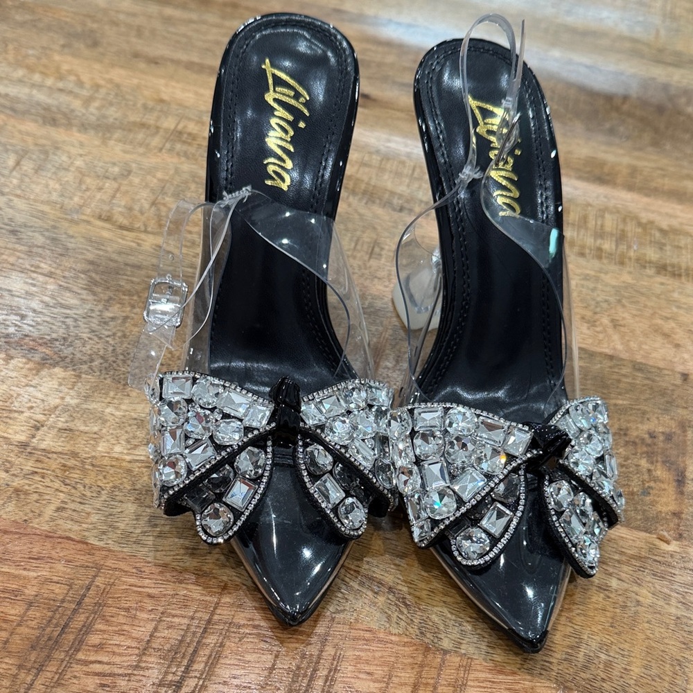 NWOT Clear Black Heels with Crystal Bow